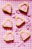 Heart-shaped biscuits with pink icing for Valentine's Day