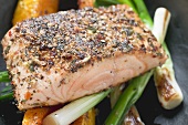 Fried salmon fillet on vegetables (close-up)