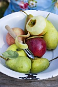 Apples, one half-peeled, and pears in dish