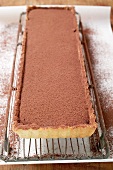 Rectangular chocolate tart with cocoa powder
