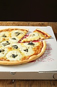 Drei-Käse-Pizza (amerikanische Art) auf Pizzakarton