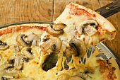 American-style mushroom pizza with piece on server