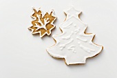 Gingerbread fir tree and leaf with white icing