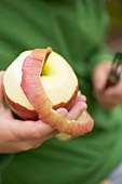Child's hands holding a half-peeled red apple