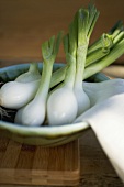 Several spring onions in bowl