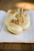 Small onions on linen cloth