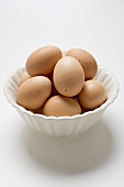 Brown eggs in white dish