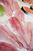 Red mullet fillets and salmon cutlets on ice
