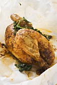 Half a roast chicken with parsley on paper