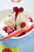 Vanilla ice cream with raspberry sauce