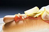 Hot Dog mit Ketchup und Essiggurken (Ausschnitt)