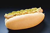 Hot dog with gherkins, fried onions and mustard