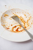 Remains of noodles with tomatoes on plate