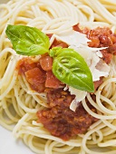 Spaghetti with tomato sauce and basil