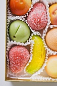 Marzipan fruits in chocolate box (detail)