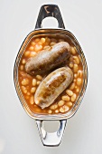 Baked beans with sausages (overhead view)