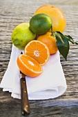 Assorted citrus fruit on white cloth