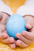 Child's hands holding a blue egg