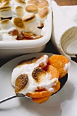 Sweet potato & marshmallow gratin in baking dish & on spoon