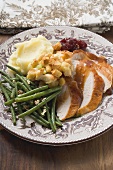 Turkey breast with green beans, bread stuffing & mashed potato