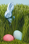 Easter Bunny and coloured eggs in grass