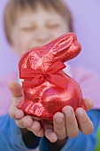 Child holding red Easter Bunny