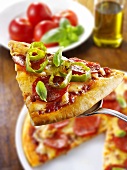 Slice of pepperoni pizza with chilli rings on server