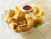 Spring rolls and wontons with dip (Asia)