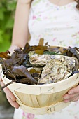 Woman holding basket full of fresh oysters