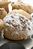 Assorted muffins in muffin tin, one with icing sugar
