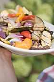 Hands holding a plate of grilled vegetables