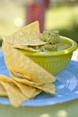 Guacamole with tortilla chips in green bowl