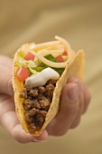 Hand holding taco filled with mince and cheese