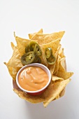 Nachos with chilli rings and dip