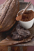 Cacao fruit, cocoa powder and chocolate
