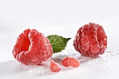 Two raspberries with leaf