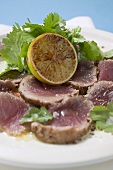 Seared, seasoned tuna fillet with coriander leaves