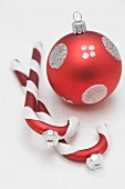 Red & silver Christmas tree ornaments (bauble, candy canes)