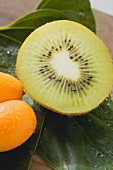 Half a kiwi fruit and two kumquats on leaves