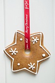 Decorated gingerbread hanging on red ribbon (Christmas)