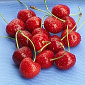 Cherries with water droplets on blue cloth