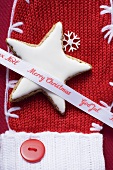 Cinnamon star and Christmas ribbon on woollen mitten