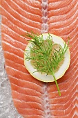 Salmon fillet with lemon and dill on ice