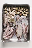 Fresh seafood in stainless steel container