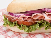 Ham, salami, onion, tomato and lettuce sandwich