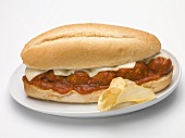 Sub-Sandwich mit Hackbällchen, Tomatensauce, Käse und Chips