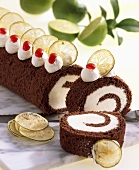 Chocolate sponge roll with lime quark cream filling