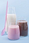 Milk, strawberry milk and chocolate milk