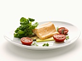 Steamed salmon fillet with corn salad and tomatoes