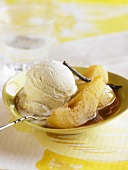 Vanilla ice cream with pears and caramel sauce